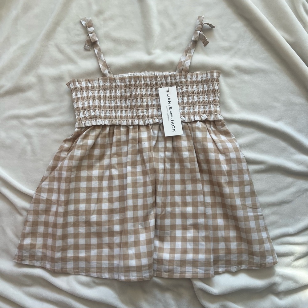 Janie and Jack NWT Tan Gingham Smocked Tie Strap Top Shirt